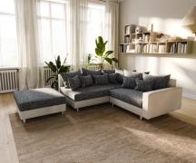 DELIFE Hoekbank Clovis wit zwart met armleuning en hocker ottomane lin...