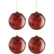 J-line - Doos Van 4 Kerstballen Bloemen Glas Burgundy Large - 12x12x12...