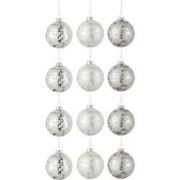 J-line - Doos Van 12 Kerstballen 4+4+4 Suiker Glas Mat Grijs/mat Wit/b...