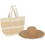 J-line - Set Van 2 Strandtas Strepen + Hoed Papier Beige/lichtbruin - ...