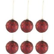 D- J-line - Doos Van 6 Kerstballen Blaadjes Glitter Glas Mat Kerstrood...