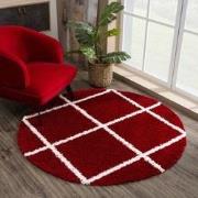 Tapijtenloods Madrid Shaggy Rond Geruit Vloerkleed Rood Creme Hoogpoli...