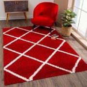 Tapijtenloods Madrid Shaggy Geruit Vloerkleed Rood Creme Hoogpolig- 14...