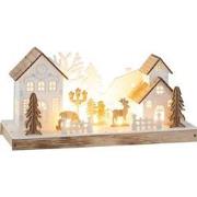 J-line - Deco Winter Led Huizen Hout Naturel/wit Small - 28x11x14cm