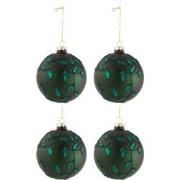 J-line - Doos Van 4 Kerstballen Blaadjes Glitter Glas Mat Groen Medium...