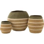 J-line - Set Van 3 Mand Strepen Zeegras Groen/naturel - 68x68x57cm