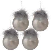Clayre & Eef Kerstbal Set van 4  Ø 8 cm Zilverkleurig Wit Glas Kerstbo...