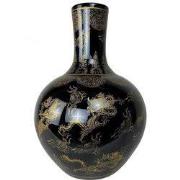 Fine Asianliving Chinese Vaas Zwart Draken Goud Handgemaakt D41xH57cm