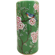 Fine Asianliving Ceramic Umbrella Stand Vase Green Birds Handmade -