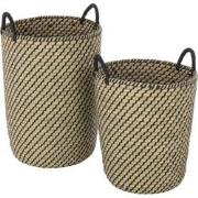 J-Line - Set Van 2 Mand Rond Handvatten Stro Naturel/zwart - 35x35x61c...