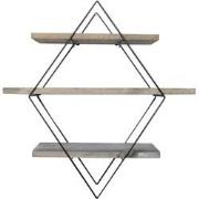 Wandplank in ruitvorm van zwart metaal en massief hout L60 cm
