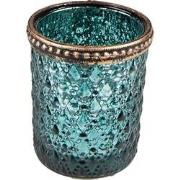 Clayre & Eef Theelichthouder  Ø 6x6 cm Turquoise Glas Metaal Waxinelic...