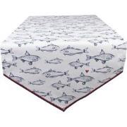 Clayre & Eef Tafelloper  50x160 cm Wit Blauw Katoen Vissen Tafelkleed