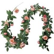 Clayre & Eef Kunstbloem Guirlande 150 cm Roze Groen Kunststof Rozen