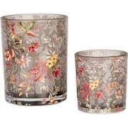 Clayre & Eef Theelichthouder Set van 2 Ø 7x8 / 10x13 cm Grijs Glas Blo...