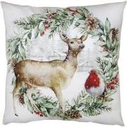 Clayre & Eef Kussenhoes  45x45 cm Groen Wit Polyester Hert Sierkussenh...