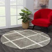 Hoogpolig Grijs Rond Vloerkleed – Madrid Ruit Shaggy Tapijt – Fluffy &...