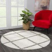 Hoogpolig Creme Rond Vloerkleed – Madrid Ruit Shaggy Tapijt – Fluffy &...