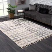 Versay Hoogpolig Vloerkleed - Geruit Design - Creme/Grijs - Franjes- 2...