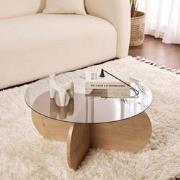 Salontafel Aris Rond 75 cm Getint Glas - Melamine Eikenhout