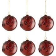 J-Line - Doos Van 6 Kerstballen Bloemen Glas Burgundy Small - 8x8x8cm
