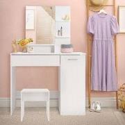 Kaptafel 90x38x138 cm in wit met spiegel, lade, 3 planken, kast & kruk...