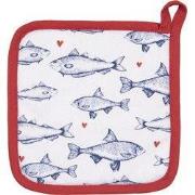 Clayre & Eef Pannenlap  20x20 cm Wit Blauw Katoen Vierkant Vissen Afgi...
