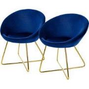 Eetkamerstoel set van 2 met ronde rugleuning blauw fluweel met goudkle...