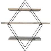 Wandplank in ruitvorm van zwart metaal en massief hout L60 cm