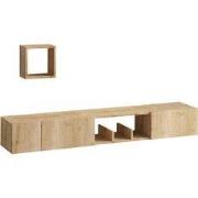 Zwevende TV-meubel met 1 nis, 3 deuren en 1 wandplank in eiken saffier...