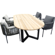 Set van Kaihou tafel 260x122x76 cm ovaal teak en 4 Umi stoelen groen