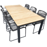 Set van Arashi tafel 220x100x76 cm grijs/teak en 6 Mira stoelen lava