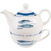 Clayre & Eef Tea for One 400 ml Wit Blauw Porselein Vissen