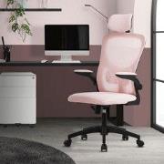 Ergonomische bureaustoel roze netstof met verstelbare hoofdsteun en wi...