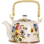 Clayre & Eef Theepot met Filter 800 ml Wit Blauw Keramiek Bloemen