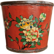 Fine Asianliving Antique Chinese Wooden Handpainted Basket Red