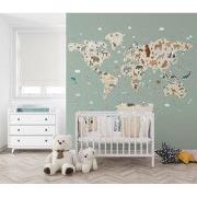 Wereldkaart met dieren - Kinderbehang - 194,8 cm x 280 cm - Walloha