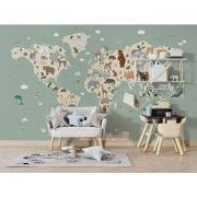 Wereldkaart met dieren - Kinderbehang - 389,6 cm x 280 cm - Walloha