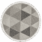 Vloerkleed rond grijs met grijs driehoekmotief en franjes - BUKLE