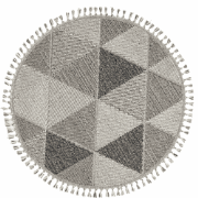Vloerkleed rond grijs met grijs driehoekmotief en franjes - BUKLE