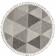 Vloerkleed rond grijs met grijs driehoekmotief en franjes - BUKLE