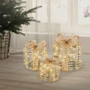 Set van 3 LED kerstcadeauboxen goud warm wit op batterijen met timer