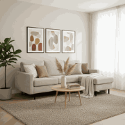 Hoekbank Caroline ribstof beige links en rechts