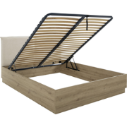 Opbergbed met hoofdbord in beige stof 140 x 190 cm eikendecor - TIDY