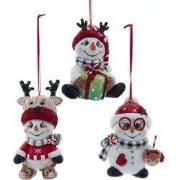 Resin rood/wit/geruite sneeuwpop 3A 10 cm ornament