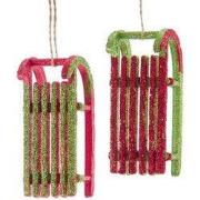 Plastic rood&appelgroen glitter slee 2A 9 cm ornament