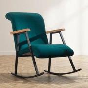 Retro schommelstoel petrol blauw velvet met beukenhout armleuning Yoka