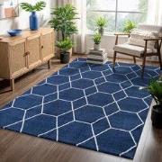 Trellis Uni Effen Laagpolig Vloerkleed Modern Donkerblauw Navy- 80x200...