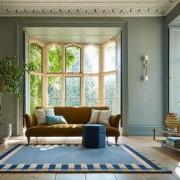 Laagpolig Wollen Vloerkleed Kai - Kader - Lijstmotief - Blauw / Geel -...