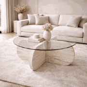 Ronde salontafel Aris travertin melamine en transparant glas 75 cm